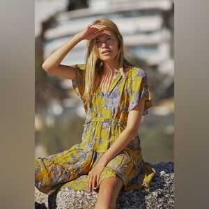 Anthropologie Robin Tiered Mini Dress Mustard Small
